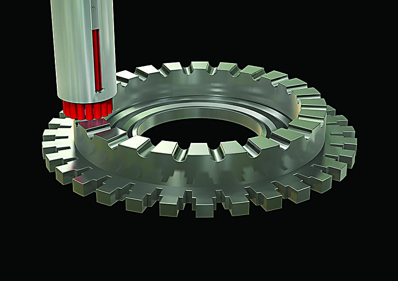 In this 3D rendering, automated deburring and finishing of the edges of an Inconel turbine disc for a jet engine is shown 