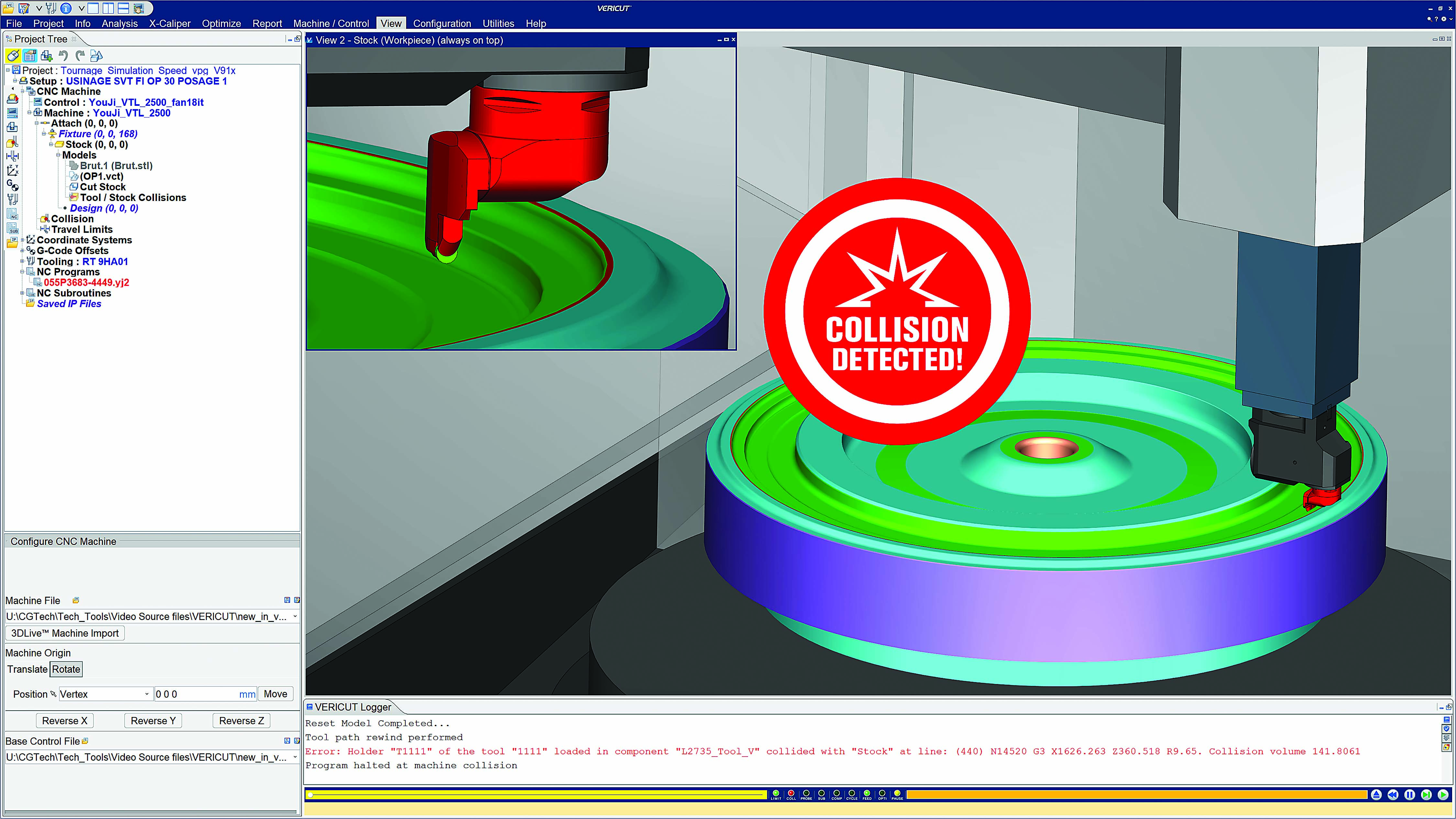 Blum uses Vericut toolpath simulation and optimization software (left) to reduce CNC downtime and catch programming mistakes that might otherwise result in a crash.