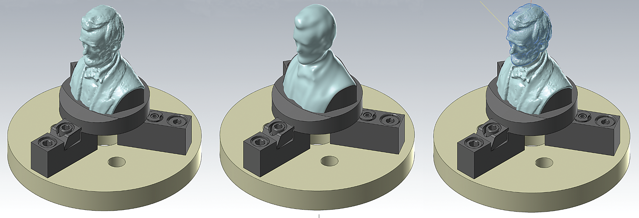 The original CAD model of the bust of Abraham Lincoln. In the middle is the smoothed model of the bust achieved through use of mesh-editing CAD tools. At right are the new toolpaths created after using mesh-editing tools.