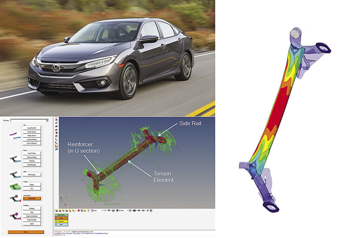 The Gestamp RTB suspension can be found on many makes and models, including the Honda Civic. Altair developed the RTB toolbox interface (bottom). Stress contours for a critical antiphase fatigue load case (right). Images courtesy Honda Motor Co. (top) and Gestamp/Altair.