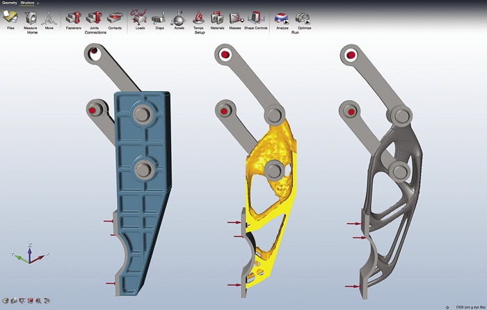 Models in Inspire 2016 show a component designed for strength (left), with optimized geometry (middle) and the final design model (right). Image courtesy solidThinking.