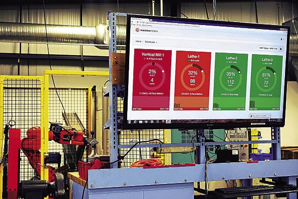 With machine monitoring and OEE software, shop managers and machine operators can view a dashboard that provides simple, color-coded, at-a-glance snapshots as to whether a job is performing at or below expectations. Image courtesy MachineMetrics.
