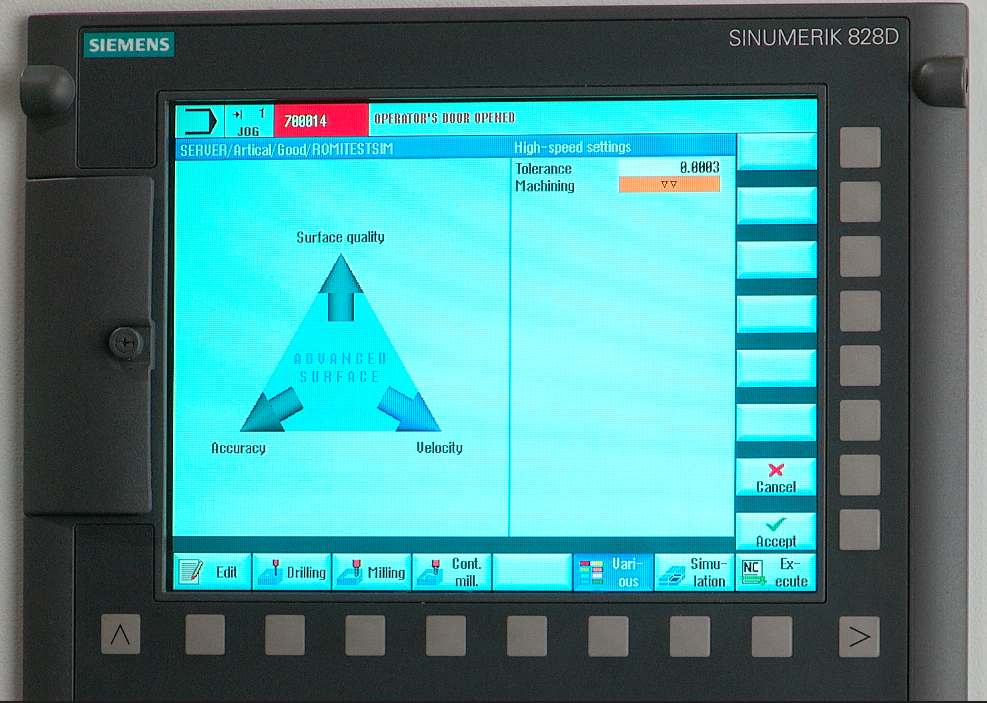 Among the advantages of the Siemens Sinumerik 828D control is the ability to produce a high quality part in the least amount of time. Surface quality, velocity and accuracy can be synergistically programmed to optimize machining motion using the “Advance Surface” feature.