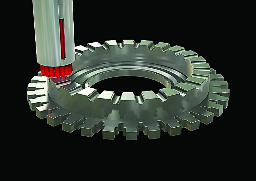 In this 3D rendering, automated deburring and finishing of the edges of an Inconel turbine disc for a jet engine is shown