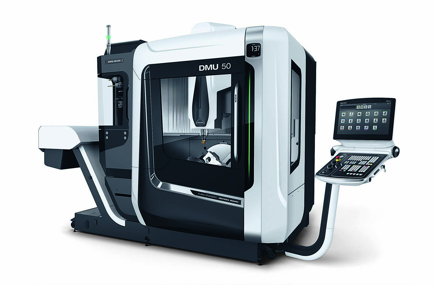 The third-generation DMU 50 is a universal milling machine with a swivel rotary table.
