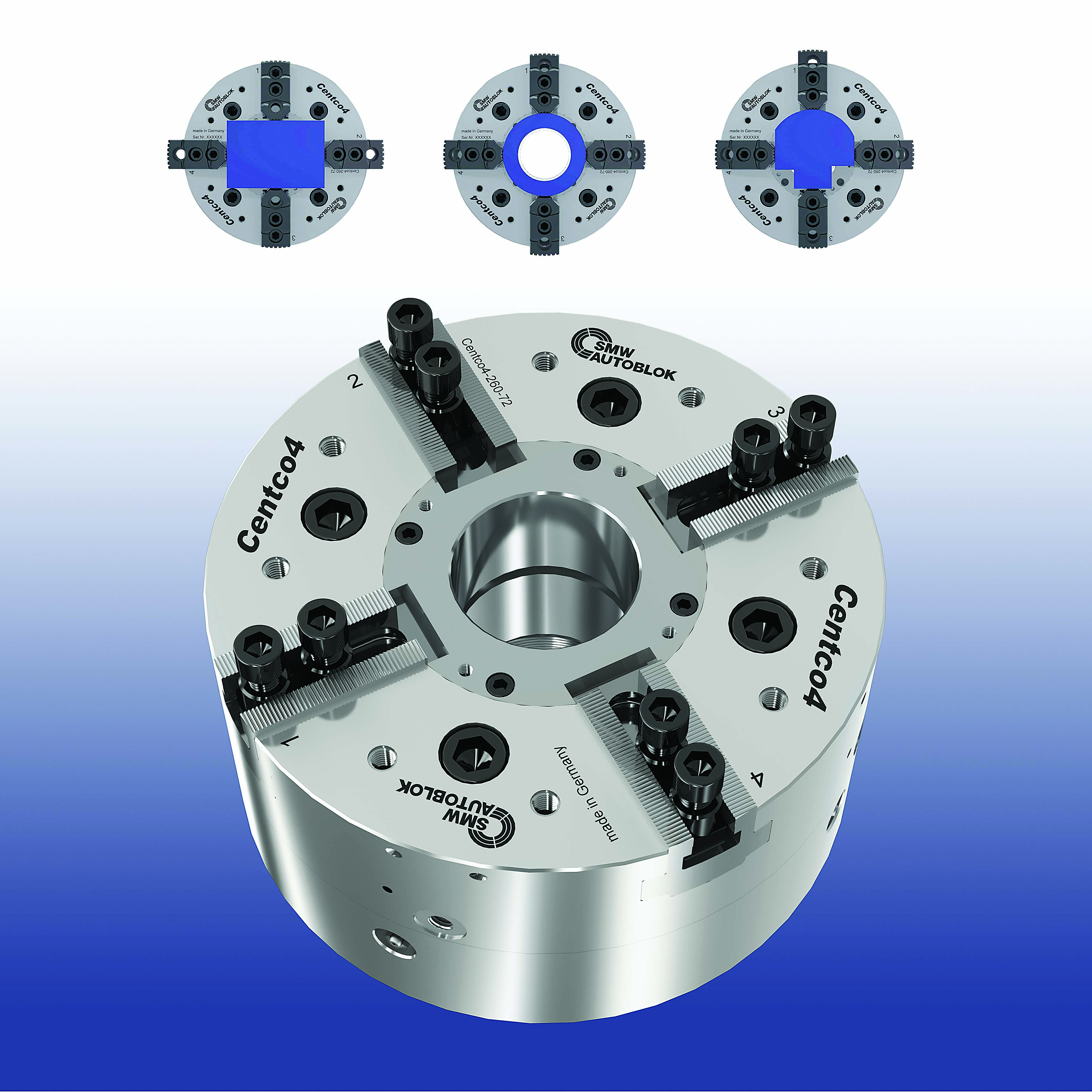 The Centco4 (2+2) self-centering and compensating chuck is designed to clamp any workpiece geometry.
