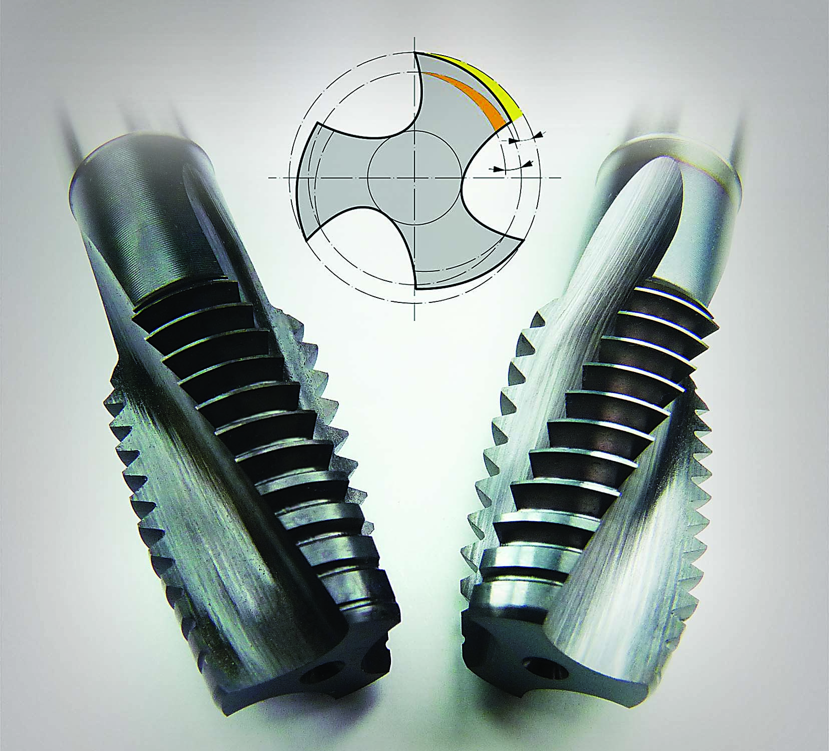 High-relief tapping geometry increases the space between friction surfaces for improved lubrication and reduced torque load in both the forward and reverse directions. The advanced geometry counteracts high compressive forces produced by the elastic memory of titanium.