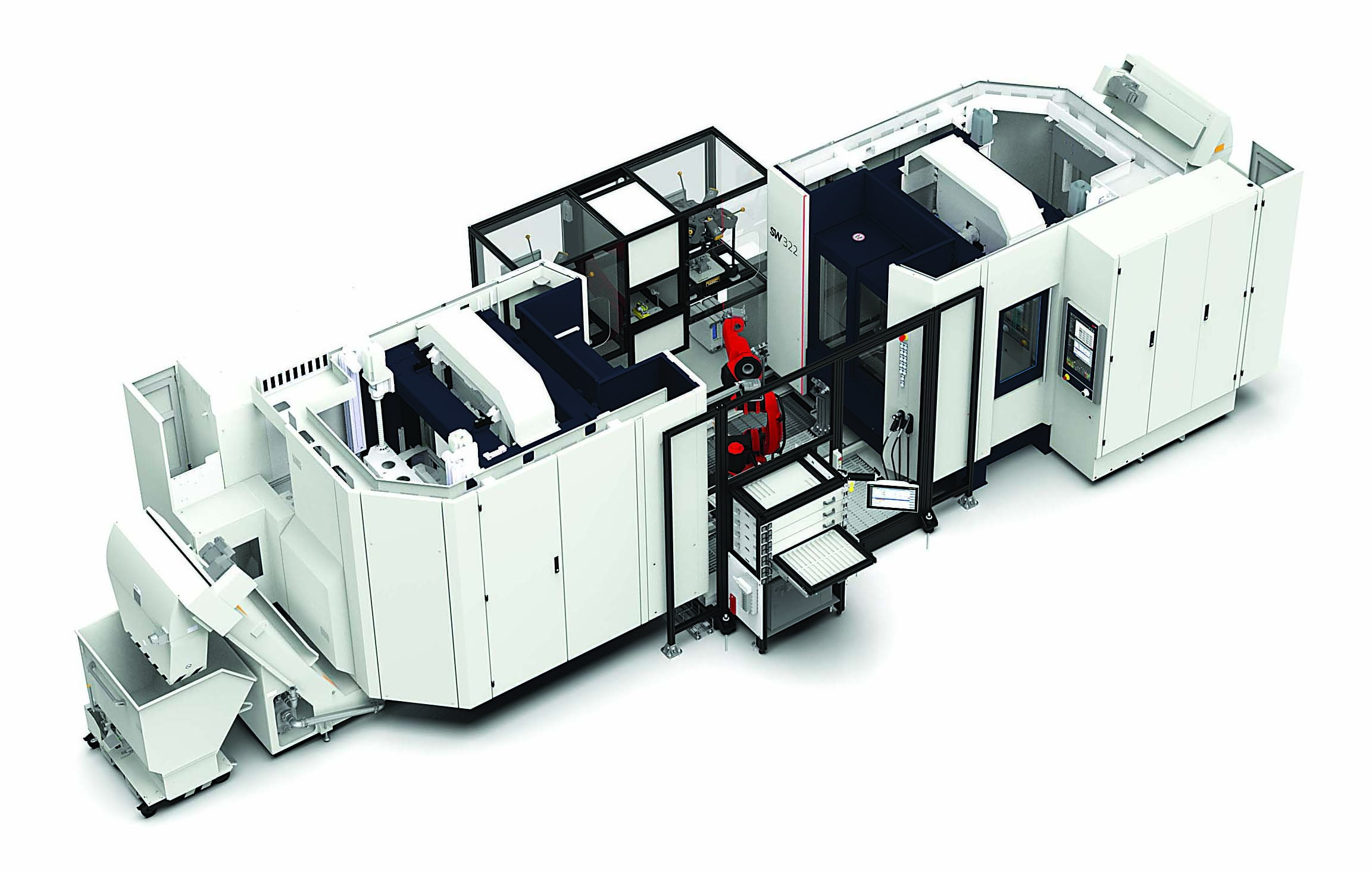 This complete production system (shown above) includes two horizontal machining centers, robot automation, shop floor comparators, a laser marker and a part storage unit.