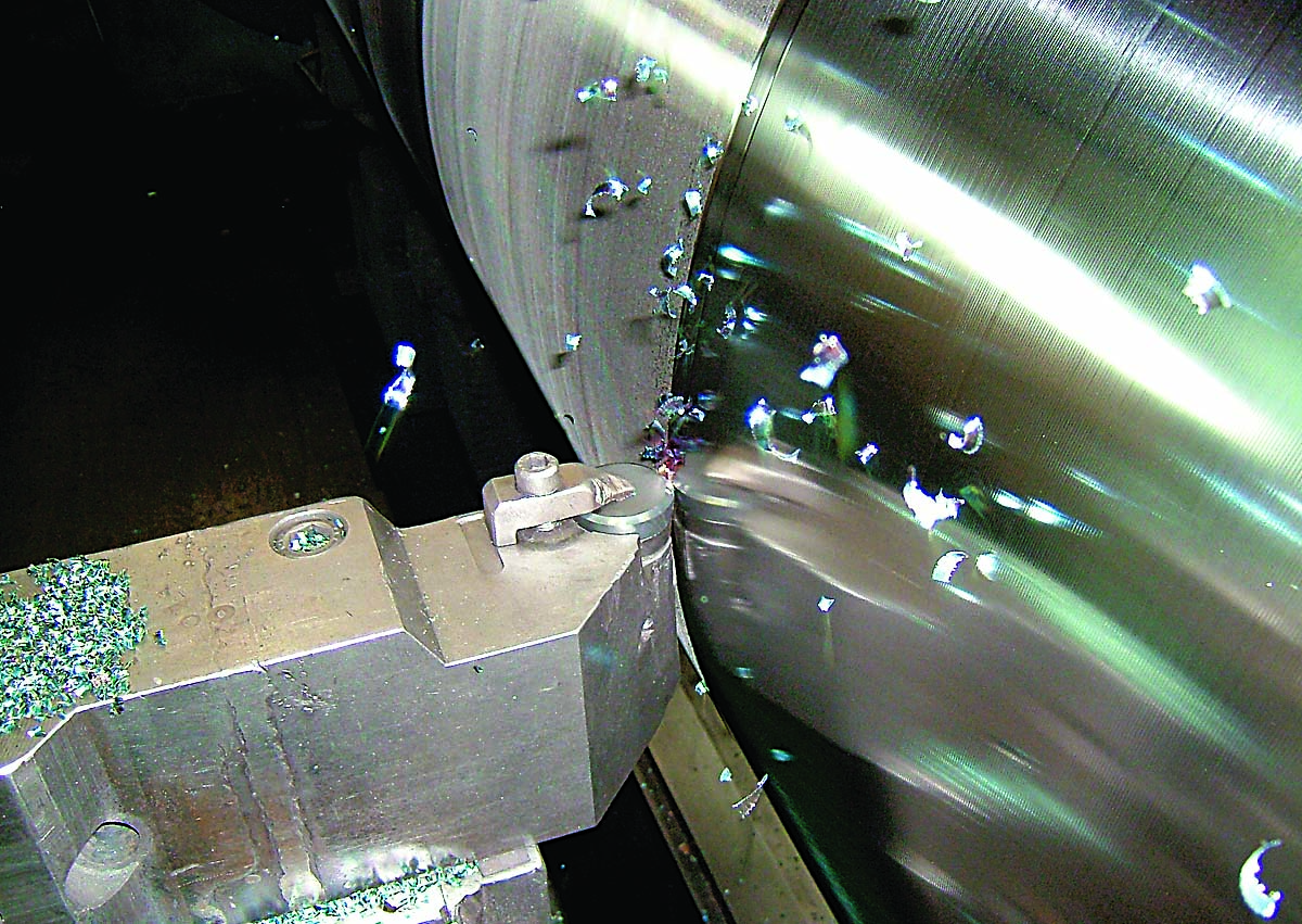 NTK Cutting Tools’ black ceramic removes material on a steel mill roll application.