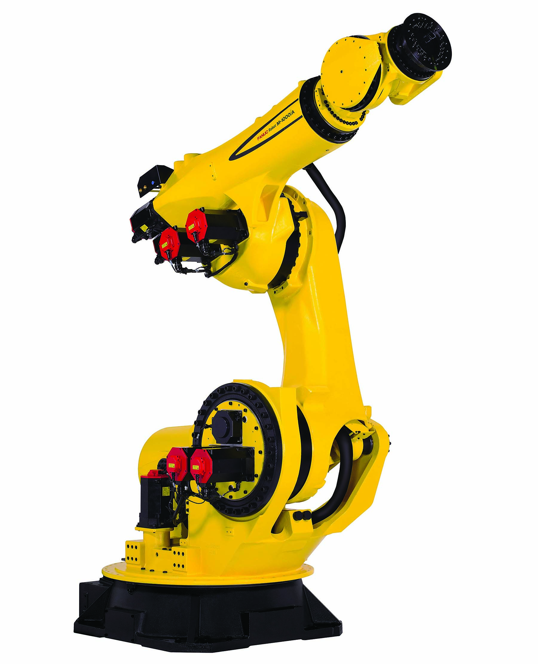 Capable of handling 1,000 kg items, the six-axis M-1000iA industrial robot also features a design that allows a wider range of motion than other heavy-payload robot arms. 
