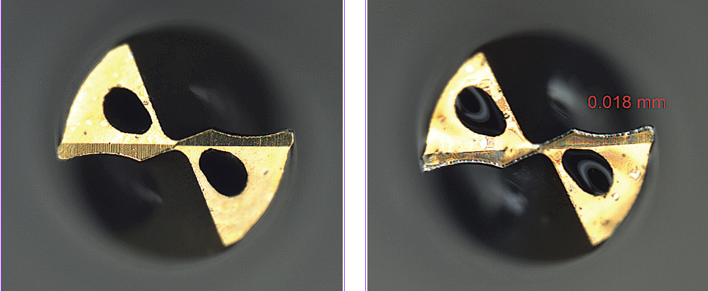 A new 1-mm drill (left) and tool wear of less than 20 µm