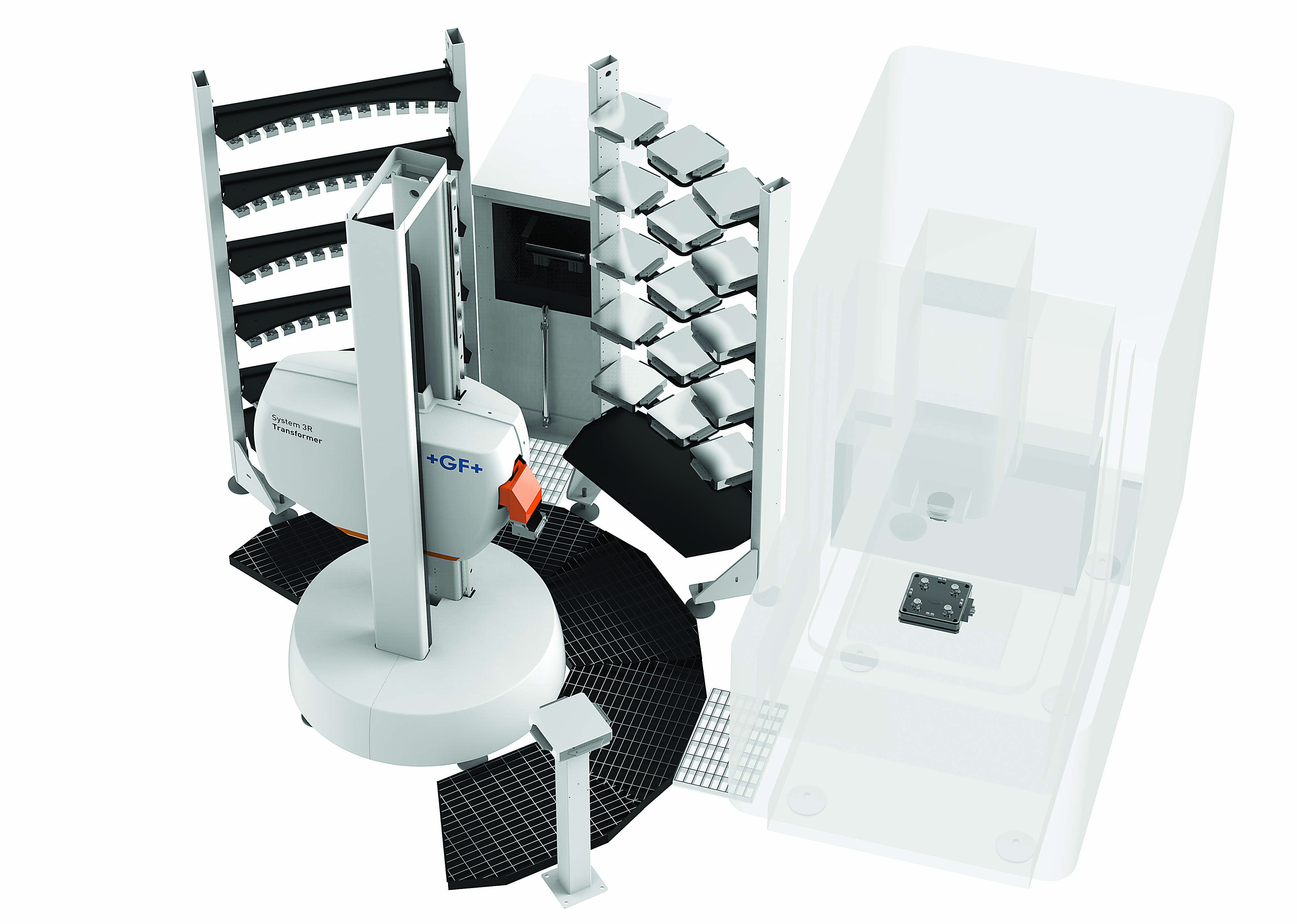 The System 3R Transformer robot, shown above, can connect up to three EDMs. Alternatively,  by adding a track for the robot, it can feed up to 12 machines.