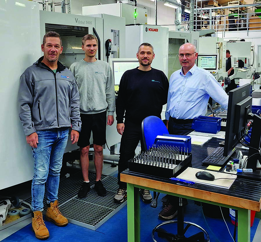 From left to right are Gustav Heer, Numroto application engineer at Num; Kent Nielsen and Henrik Larsen, CNC operators at TN Vaerktoejsslibning; and Torben Nielsen, founder, owner and CEO of TN Vaerktoejsslibning.