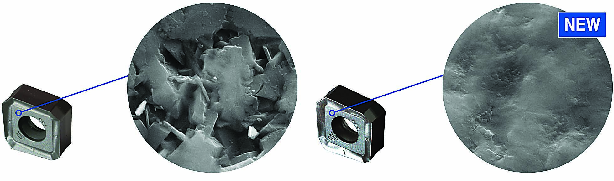 Ceratizit USA A comparison is shown of an insert from Ceratizit that received the company’s previous treatment process (left) and an insert with the Dragonskin CVD coating that received the toolmaker’s most advanced treatment process (right). According to the company, the advanced treatment process produces an extremely smooth surface, which improves the contact friction between the chip and the rake face to reduce wear, cutting pressure and chip sticking while extending tool life.