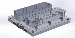 A CAD drawing of the workholder used for the NASCAR team's valve cover job. Image courtesy of Mitee-Bite Products.