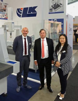 CEO Angelo Muscarella, center, G.M. Luca Triolo, left, Jacqueline Ng, V.P. marketing, right LK Metrology celebrates first anniversary as independent company