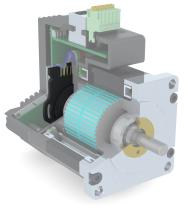 A cutaway of Applied Motion Products’ StepServo Integrated Motor with a Renco RCML 15 encoder