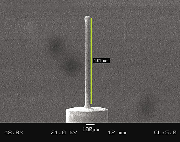 This microprobe uses the “prespark” electrical fields generated during EDMing to build 3D models of the workpiece. Image courtesy SmalTec International.