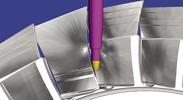 PowerMILL image of a finishing operation on a blade barrel. Image courtesy Delcam.