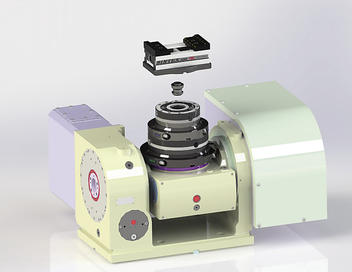 Modular workholding extends to 5-axis machining as well, such as this a zero-point system that’s used to attach a quick-change vise. Image courtesy Fixtureworks.