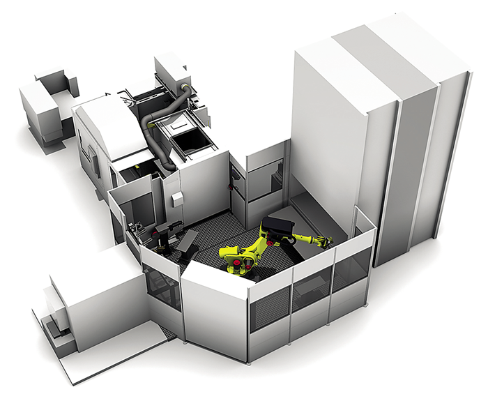 A Fastems 6-axis robot arm can move pallets among multiple machines.