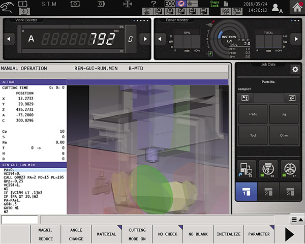 Shown on the control screen of a 5-axis machining center, Okuma’s Collision Avoidance System monitors the entire machining envelope to prevent collisions. Image courtesy Okuma America.