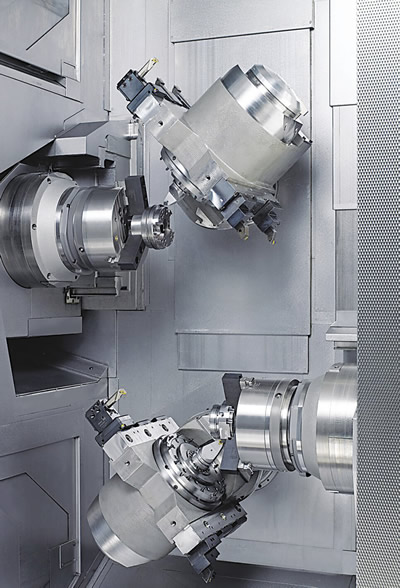 An INDEX R300 turn-mill center performs simultaneous 5-axis machining on the main and counter spindles. Image courtesy INDEX.