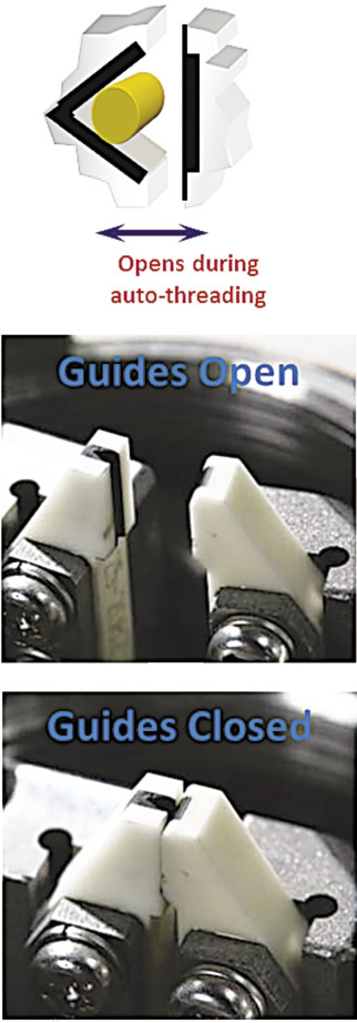 Wire kinks and scissor burrs are not a concern with split guides, which open during automatic threading. Image courtesy Makino.