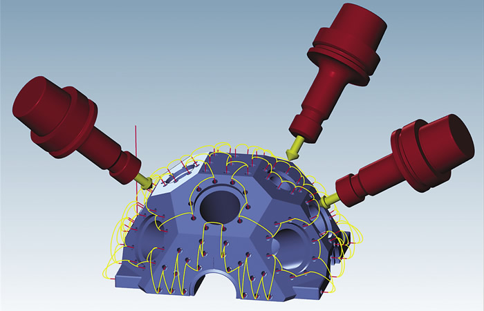 According to Open Mind’s Alan Levine, this part with holes on planar faces is best-suited for programming with a CAM system instead of conversational programming, because of the need to manually key hole locations. Image courtesy Open Mind Technologies.