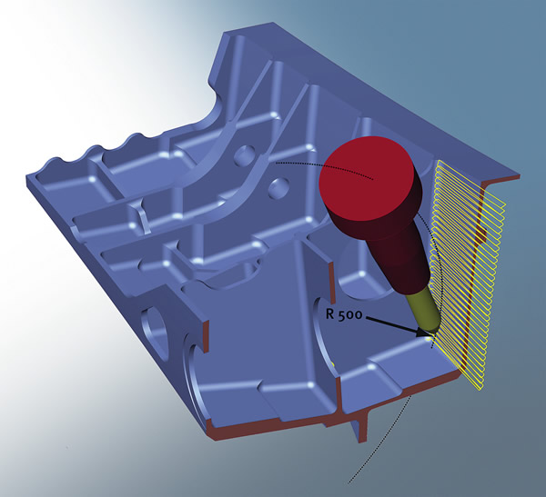 A segment of a structural part is cut with a conical barrel cutter using hyperMILL’s tangent-plane-machining strategy. The conical barrel cutter's 500mm (19.68") radius is significantly larger than an equivalent ball endmill, as defined by the cutter shank size.