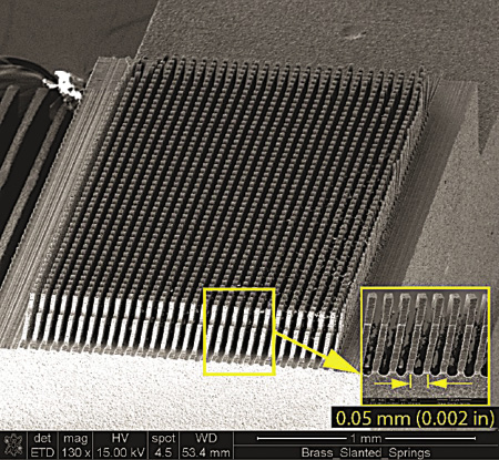 An array of ultrasmall brass springs created with 0.0004"-dia. tungsten wire, one-tenth that of a human hair. Image courtesy Viteris Technologies.