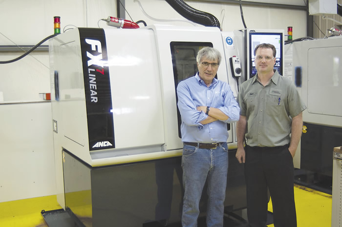 Tom Greene (left), owner of Greene Tool Systems, stands with Plant Manager Steve Mader in front of one of the toolmaker’s two ANCA FX7 Linear tool and cutter grinders.
