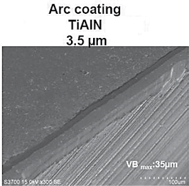 Compared to arc evaporation, a HIPIMS+ coating allows for equivalent cutting performance with about a 1µm-less coating thickness. Images courtesy CemeCon.