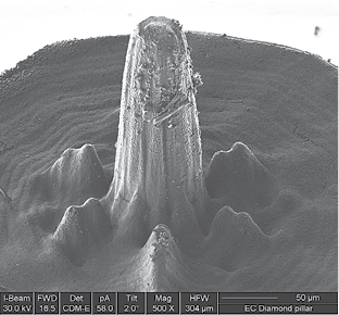 Machining the hardest known substance, diamond, is possible with lasers. Here, a pillar is built by removing the surrounding area. Image courtesy Newson USA.