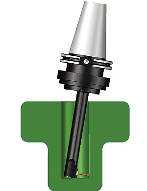 A model of Eltool's angle head shows the head being tilted to position the cutting tool near the bottom of a bore.