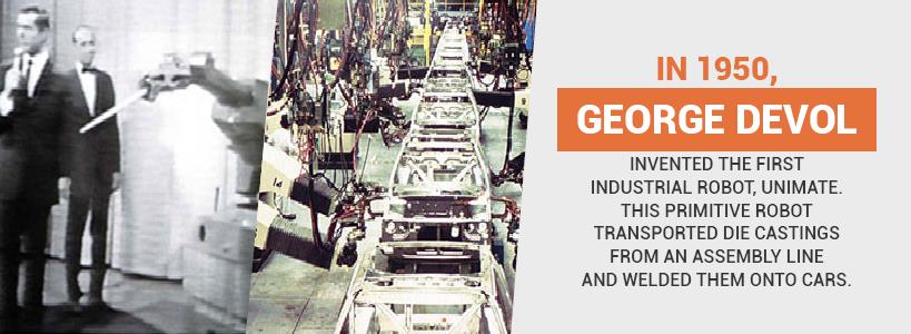 In 1950, George Devol would invent Unimate, the first industrial robot. Unimate could transport die castings and weld them into automobiles. 