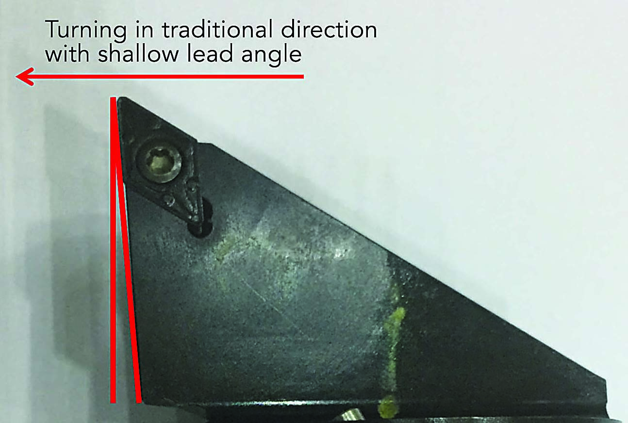 A common tool shape with a shallow lead angle produces a chip thickness roughly equal to the feed rate per revolution. Image courtesy of Christopher Tate.