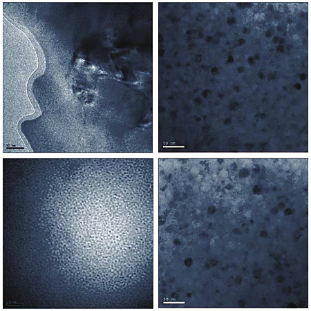 Transmission electron microscopy images show different levels of crystallinity embedded in the amorphous matrix of the SAM2X5-630 steel alloy.  Image courtesy Jacobs School of Engineering, UC San Diego.