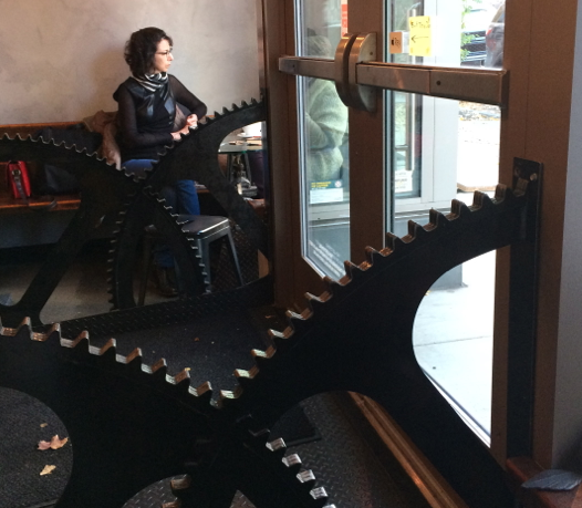 Corner table at The 40 Pounds Coffee Bar in downtown Portland