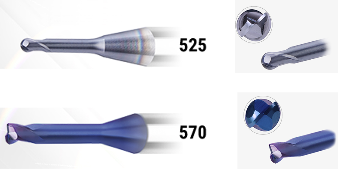 The 525 SC full-radius end mill and 570 SC mini copying end mill mold construction tools are designed for HSC operation at steel material hardness’ of 52 to 65 HRC.