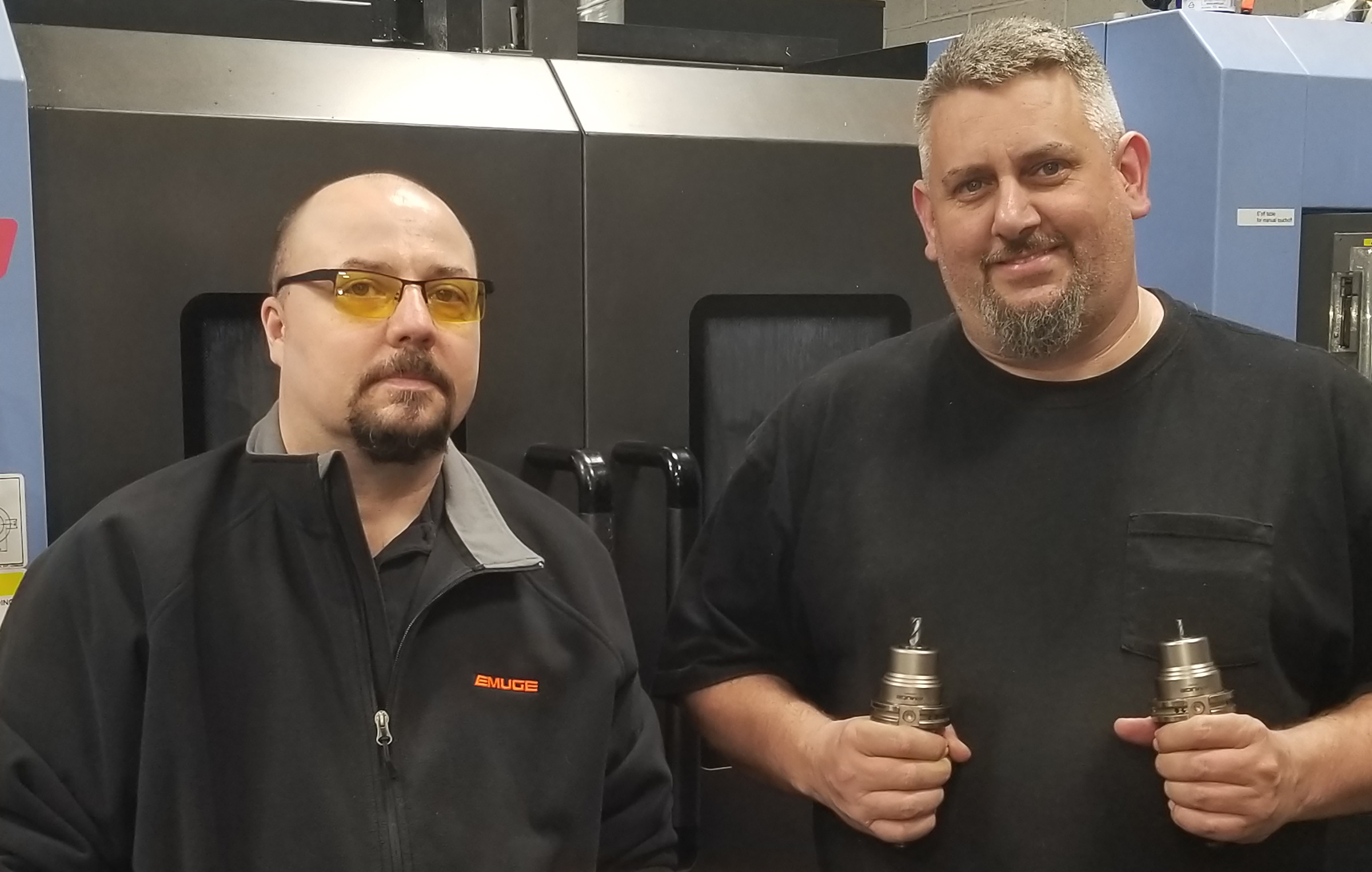 Sales Representative Bill Anderson from EMUGE’s local distributor W.C. Chapman (L), and SB Dezigns Owner and CEO Billy Crabtree (R) at the SB Dezigns precision production machine shop.