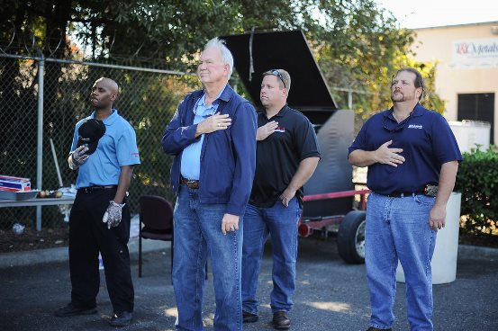 From left to right: Cedric Kirby, warehouse manager of T&C Metals and United States Air National Guard veteran; Raymond G. Moseley of event sponcer G&A Manufacturing, Keystone Heights Florida, USANG veteran; John Kelley, assistant operations of T&C Metals; Wayne Morse, operations Manager of G&A Manufacturing. 