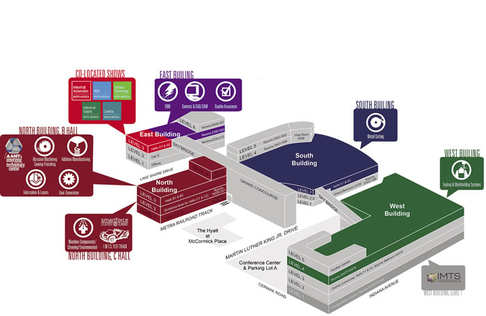 The map below displays the location of the IMTS Pavilions.