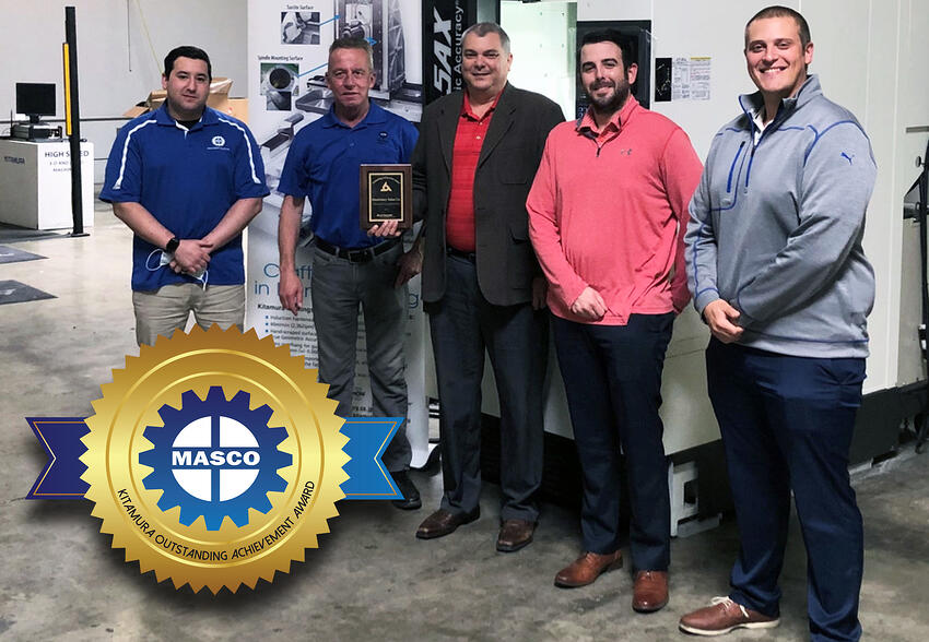 The sales team at Machinery Sales Co. (left to right): Jared Hutchinson, Andrew Graham, David Cogswell, Chris Mangano, and Jared Storb pictured with their “Outstanding Achievement” award from Kitamura Machinery.