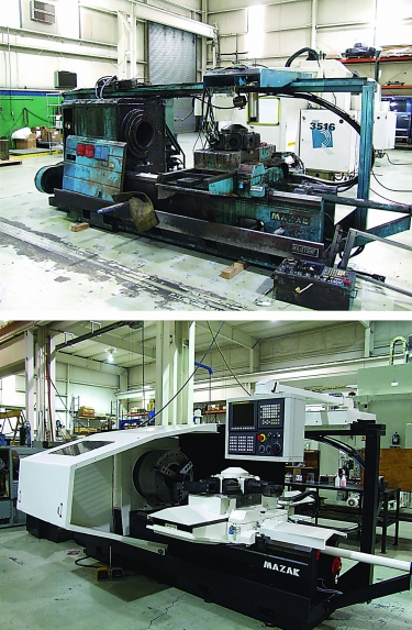 Before-and-after photos of a remanufactured Mazak Power Master turning center. Image courtesy of KRC Machine Tool Solutions.
