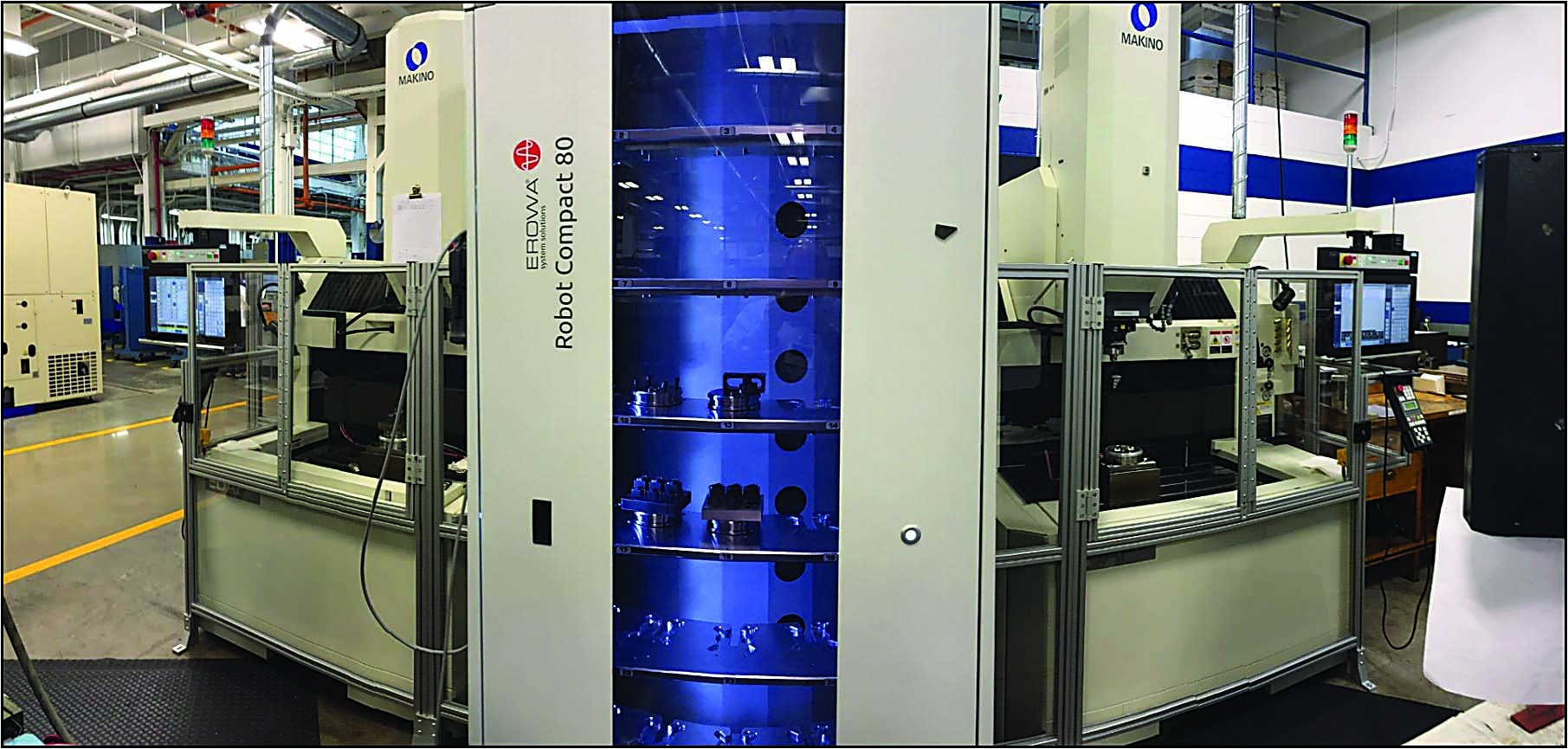 Makino offers a variety of cellular automation for sinker EDMs, such as the Erowa Robot Compact 80, which has a transfer weight capacity of 80 kg (176 lbs.) and can serve one or two machines.